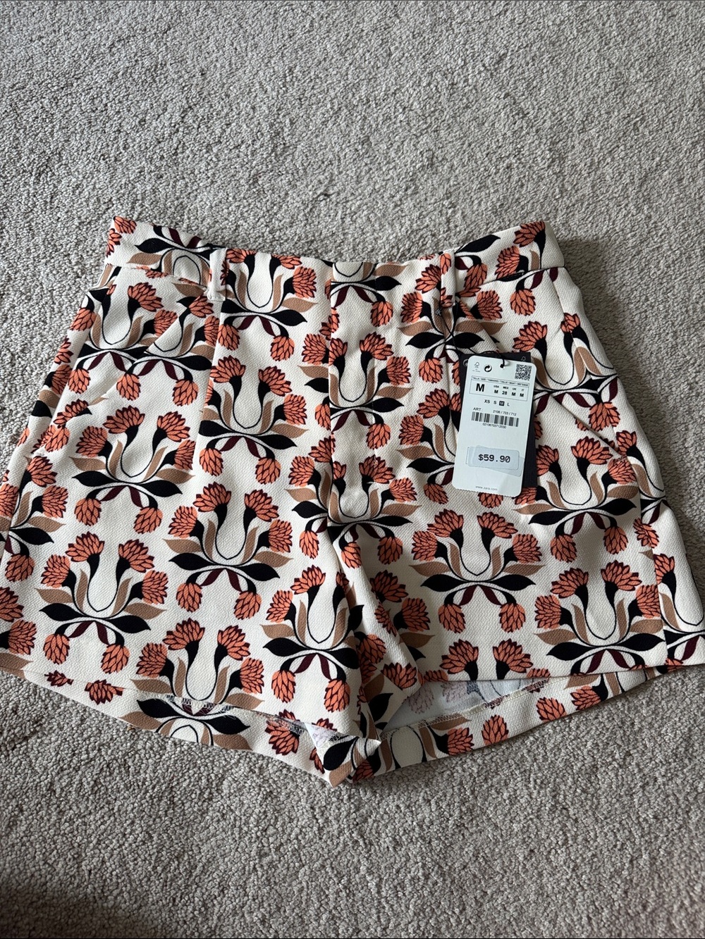 Zara Floral Pattern Cream and Rust Shorts